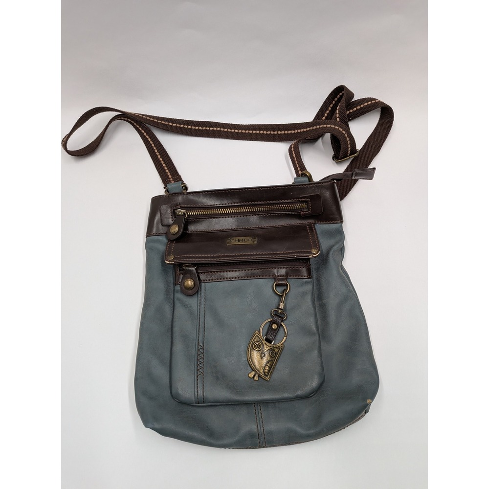 Chala Crossbody Messenger Bag Blue Brown Vegan Leather Owl Charm Boho Purse